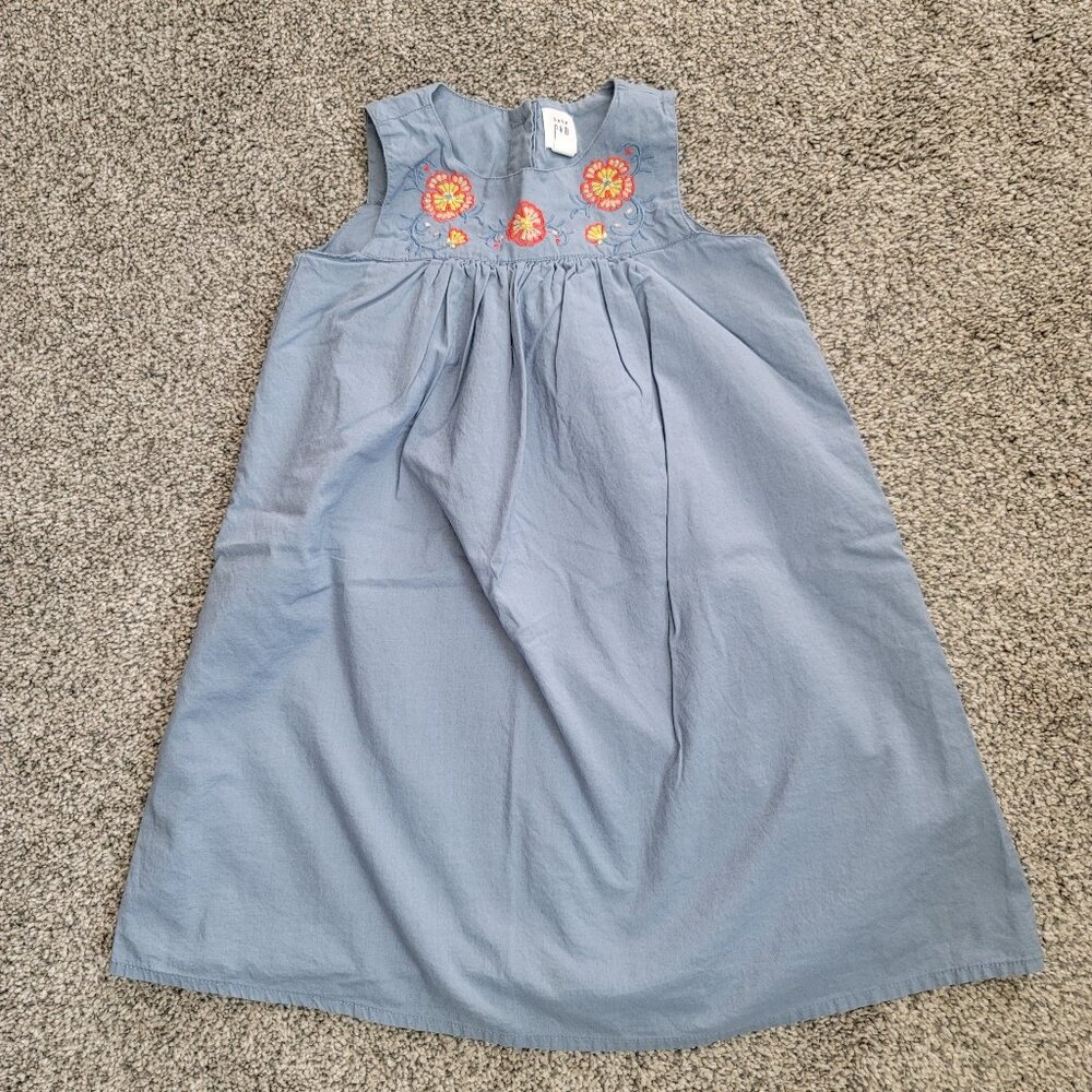 Baby Gap Toddler Girls Sleeveless Dress Blue Embroidered Floral, size 5 Years